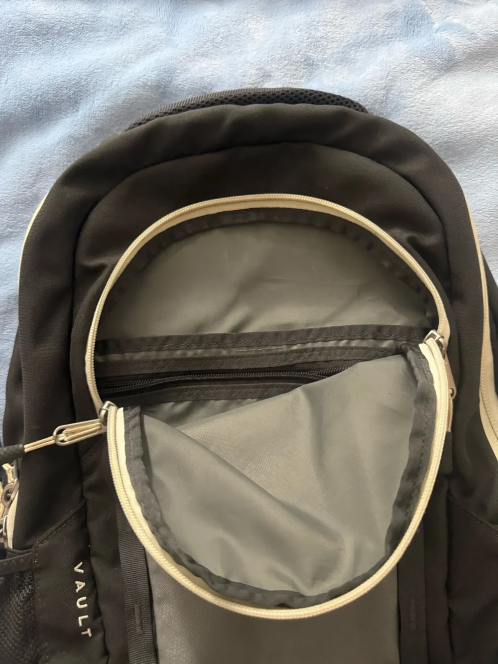 North Face Vault Backpack in Black and Gray with Cream Trim